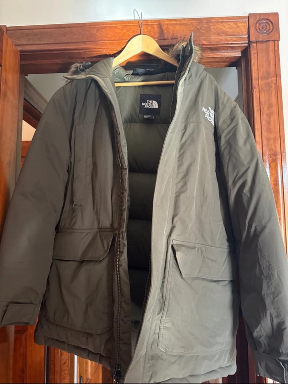 The North Face Men's Olive Puffer Jacket with Logo Patch size XL